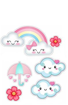 stickers with clouds and rainbows on the top, one has a pink flower