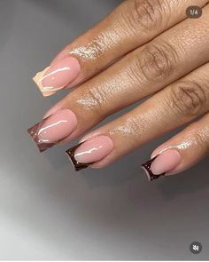 insta: @lacaniaaa #nailart #shortnails #nails Brown French Square Nails, Easy Thanksgiving Nails Short, Brown French Tip Square, Thanksgiving Nail Inspo Square, Thanks Giving Nails Acrylic, Short French Tip Acrylic Nails Fall Colors, Brown Nails Square Short, Brown Short French Tip Nails, Short Brown Fall Nails