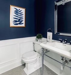 a white toilet sitting next to a bathroom sink under a framed fern leaf art on the wall