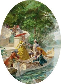 a painting of people in a boat on the water with trees and stairs behind them