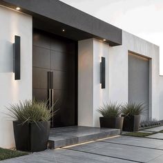 an entrance to a modern home with two planters