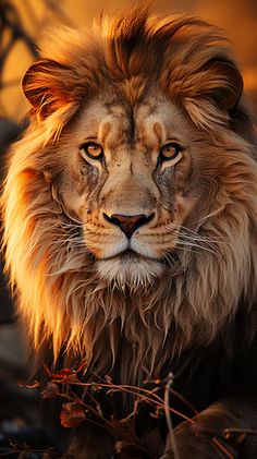 a close up of a lion near some bushes and trees with the sun shining on it's face