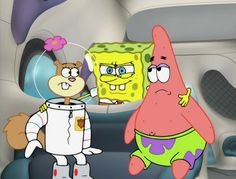 spongebob and his friend are talking to each other in the back seat of a car