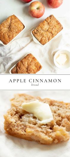 apple cinnamon muffins with butter on top and an image of apples in the background