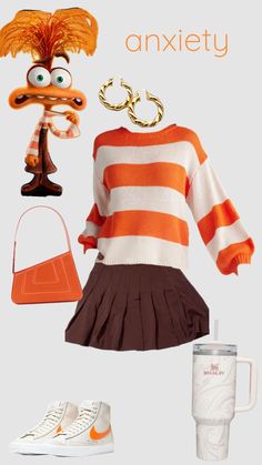 an orange and white striped sweater, brown skirt, handbag, coffee cup, shoes, purse