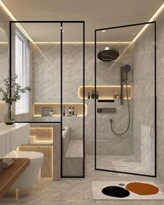 a bathroom with a shower, toilet and sink in it's corner area is lit by recessed lighting