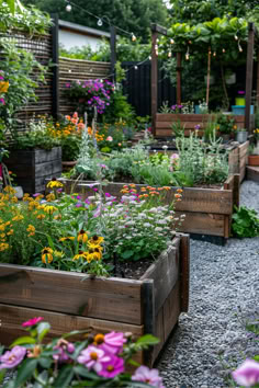 Vibrant garden with wooden planters, blooming flowers, and a relaxing seating area, highlighting Garden Design Ideas on a Budget. Beautiful Food Garden, Garden Design Styles, Garden Bedding Plant Ideas, Beautiful Veggie Garden, Flower Garden Boxes Ideas, Painted Garden Boxes, Small Courtyard Garden Design, Flower And Vegetable Garden Combined, New Build Garden Ideas Uk