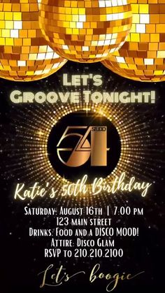 a flyer for a party with disco balls and sparkles on the sides, in gold