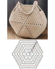 a crocheted purse is shown next to an image of the pattern for it