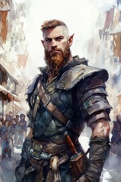 Draxil Thornweave has a heavy set muscular build, with a pale complexion and shaved head. His brown beard, with streaks of auburn catching the light. Sharp, dark brown eyes sit beneath furrowed brows. He wears patchwork leather armor of dark brown and black, with no sleeves showing his muscular arms. A weathered, silver chain hangs from his belt, supporting a small, intricately carved wooden falco... Fighter Dnd, Muscular Arms, Brown Beard, Person Art, Pale Complexion, Leather Armor, Dark Brown Eyes