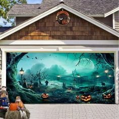 Halloween Garage Door Cover,Witch & Bat Banner,Outdoor Halloween Decorations,Front Porch Decor, for Garage Door,Front Porch,Exterior Features: Spooktacular Design: Transform your garage door into a scene with this eye-catching witch and bat-themed cover. Its colors and detailed artwork will trick-or-treaters and passersby alike. Generous Size: At 4.92 x 2.46 feet, this large fits most garage doors, providing ample space for a striking Halloween display that instantly attention and sets the for t Halloween Garage Door Decorations, Garage Halloween, Garage Door Decorations, Porche Halloween, Garage Door Cover, Halloween Garage Door, Halloween Garage, Bat Design, Door Covers