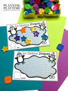 two penguin themed placemats with matching shapes and numbers for the ice skating shape