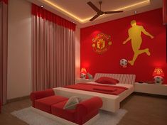 a soccer themed bedroom with red and white decor