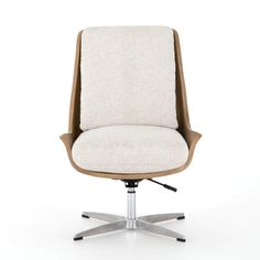 an office chair with a white upholstered seat and chrome base, viewed from the front