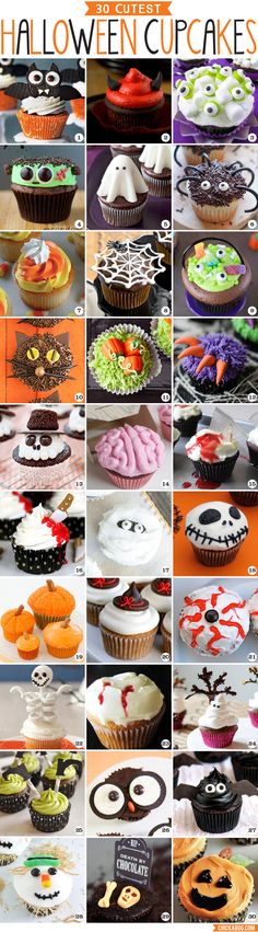 halloween cupcakes with different designs and colors on them are shown in this collage