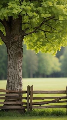 a wooden fence with a tree in the foreground and green grass on the other side