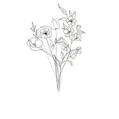 a black and white drawing of flowers on a white background