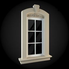 a white window on a black background with an arch in the middle and two windows above it