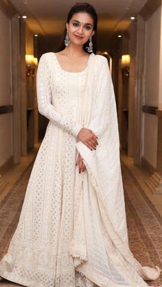 Beautiful Pure Georgette Handwork Chikankari Off-White Anarkali Suit Designer Anarkali Dresses, Keerthi Suresh, Trendy Outfits Indian, Keerthy Suresh, Casual Indian Fashion, Salwar Kamiz, Indian Dresses Traditional