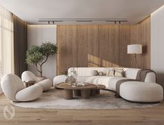 a modern living room with wood paneling and white furniture