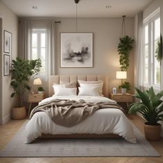 a large bed sitting next to two potted plants