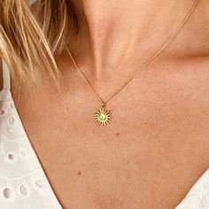 Add a burst of sunshine to your outfit with this boho sun stud necklace. This dainty statement pendant is sure to catch the light and the attention of your friends! The stone is beautifully faceted and bezel set in 925 sterling silver or plated with either 18k vermeil gold or 18k rose gold.  Gemstone is 5mm. Please note that this pendant is handmade and there may be some slight variations from listing photo. Available in: * YELLOW 18K VERMEIL GOLD.  * ROSE 18K VERMEIL GOLD. * BRIGHT STERLING SIL Trendy Sun Design Jewelry, Summer Gift Necklaces With Star Charm, Summer Star Charm Necklace As Gift, Summer Gift Necklace With Star Charm, Summer Star Charm Necklace Gift, Summer Sun Design Jewelry Gift, Sun Design Charm Necklace Gift, Trendy Star Charm Jewelry For Summer, Trendy Summer Jewelry With Star Charm