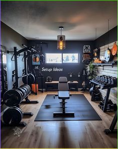 a home gym with lots of exercise equipment