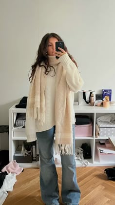 Mirror picture, long chunky big white scarf, warm scarf for winter, winter essentials, y2k blue jeans, baggy jeans, shox, white sweater, winter outfit inspo 2025, winter outfit inspo... Big Scarf Outfit, Acne Scarf, Blue Jeans Baggy, Scarf For Winter, Warm Outfit, Scarf Chunky, Mirror Picture, Chunky Scarf, Chunky Scarves