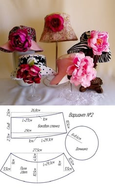 three hats with flowers on them sitting next to each other and measurements for the hat