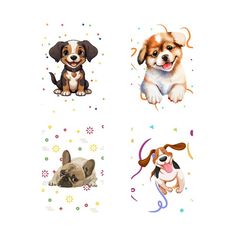 four different pictures of puppies on a white background with confetti around them