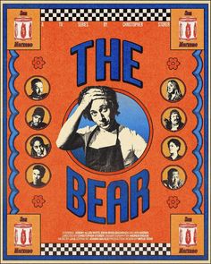 the bear movie poster with many different people in blue, orange and yellow colors on an orange background