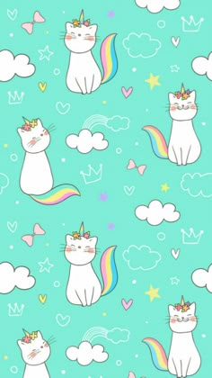 cats and rainbows on a blue background with clouds, stars and hearts in the sky