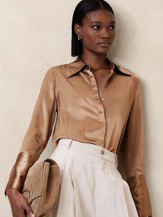 Luxury Slim Fit Button-up Blouse, Affordable Gold Button-up Blouse, Striped Midi Skirt, Elegant Outfits, Shirt Tucked In, Satin Shirt, Silk Charmeuse, Work Wardrobe, Poplin Shirt