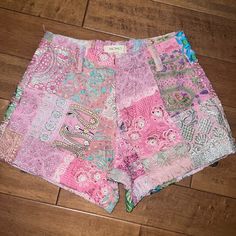 Momo New York X Free People Embroidered Patch Work Shorts Short Spring Bottoms With Patchwork, Pink Cotton Patchwork Bottoms, High Waist Cotton Patchwork Shorts, Fitted Pink Bottoms With Floral Embroidery, Cotton Bottoms With Multicolor Embroidery, Casual Multicolor Floral Embroidered Bottoms, Casual Multicolor Floral Embroidery Bottoms, Multicolor Embroidered Cotton Bottoms, Cotton Bottoms With Multicolor Embroidery For Spring