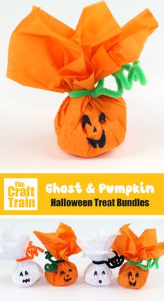 halloween treat bags with ghost and pumpkin faces on them