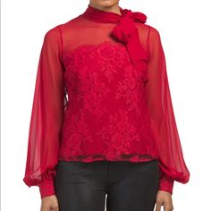 Brand New With Tags! Teri Jon Blouse In Red Elegant Red Party Tops, Spring Formal Red Blouse, Elegant Red Evening Top, Elegant Red Top For Evening, Elegant Red Tops For Evening, Feminine Red Blouse For Work, Elegant Red Tops For Fall, Elegant Red Blouse For Night Out, Elegant Red Tops For Spring