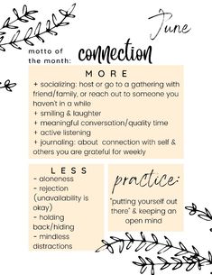 use this sheet as a reminder all month, print it out/Pin it, set your own goals! June, connection, monthly goals, monthly motto, healthy living, growth mindset, self-development Monthly Reminders, Journal Monthly Goals, June Goals, August Goals