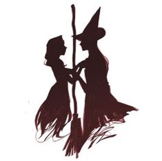 two silhouettes of people dressed as witches holding a broom and standing next to each other