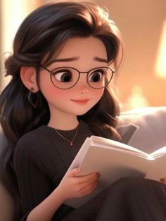 a girl with glasses reading a book on the couch