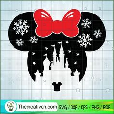 minnie mouse ears with snowflakes and red bow in the middle, on a white background