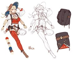 some drawings of different outfits and accessories for an anime character with long hair, wearing red pants