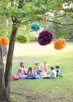 a collage of photos with people sitting under a tree