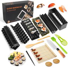 the sushi making kit includes several different types of sushi