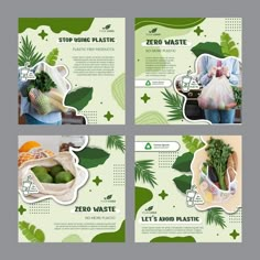 four postcards with images of people holding vegetables and fruits in their hands, on green background