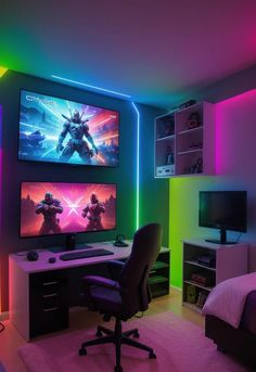 a gaming room with two monitors and a desk in front of the tv, all lit up by neon lights