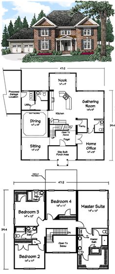 two story house plans with three floors and an open floor plan for the first level