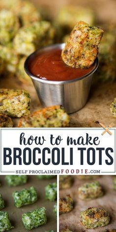 broccoli tots with dipping sauce in the middle