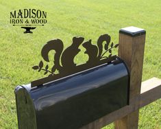 Squirrel Mailbox Topper - Madison Iron and Wood - Mailbox Post Decor - metal outdoor decor - Steel deocrations - american made products - veteran owned business products - fencing decorations - fencing supplies - custom wall decorations - personalized wall signs - steel - decorative post caps - steel post caps - metal post caps - brackets - structural brackets - home improvement Wood Mailbox, Mailbox Sign, Mailbox Topper, Mailbox Stand, Provincial Stain, Unique Mailboxes, Beautiful Property, Post Caps, Mailbox Decor