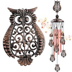 an owl wind chime with musical notes on it's back and in the background