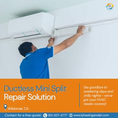 a man working on an air conditioner with the words ductless mini split repair solution